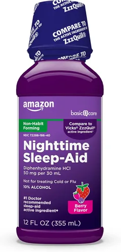 Amazon Basic Care Líquido auxiliar del sueño nocturno para adultos, Difenhidramina HCl 50 mg, sabor a bayas mixtas, el empaque puede variar, 12 fl