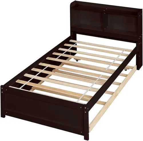 Vista 3 de Base de cama de tamaño individual con nido, cama de plataforma para dormitorio, marco de cama nido con cabecera de estantería para niños, niñas