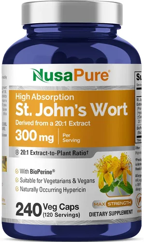 Hierba de San Juan 1100 mg por porción. 180 cápsulas vegetarianas (vegetarianas, sin OMG y sin gluten) 1950 mcg de hipericina por porción