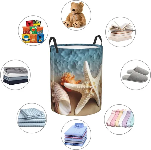 Vista 6 de Starfish Coral and Seashell print Circular Hamper Waterproof Storage Bin Organizer Basket Laundry Hamper With Handles For Clothes Toys Small