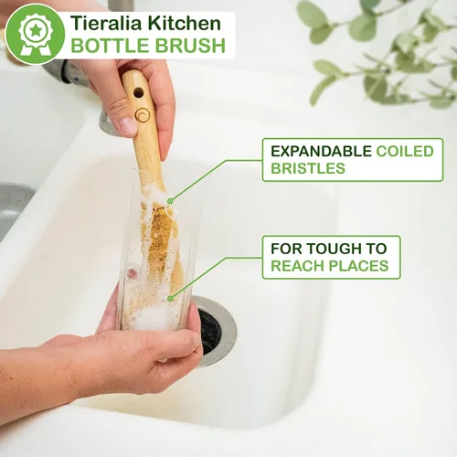 Vista 2 de Tieralia Juego de regalo de cepillo de bambú para platos – Paquete de limpieza de cocina de 5 piezas con cepillo para botellas, cepillo de palma