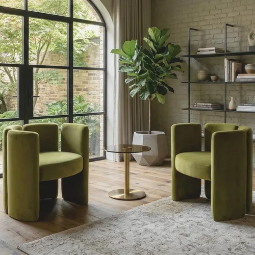 Vista 6 de Silla de terciopelo con diseño de barril, sillas auxiliares, color verde oliva