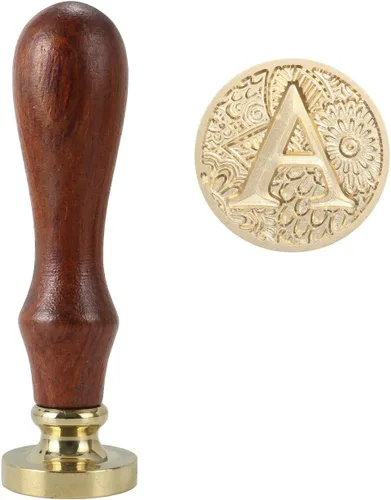Vista 2 de Yoption - Sello de cera con letra A, cabeza de latón, alfabeto botánico, sello de sellado inicial con mango de madera