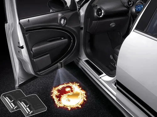 Vista 33 de NewL 2 luces LED de bienvenida para puerta de automóvil para alas de fuego, calavera y logotipo, luces proyectoras, luz de sombra fantasma
