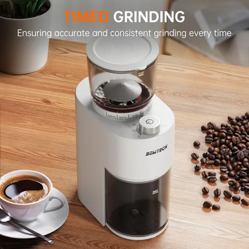 Vista 6 de SOWTECH Molinillo de café de rebabas cónicas, molino de rebabas ajustable con 38 ajustes precisos de molienda, temporizador de precisión, para café