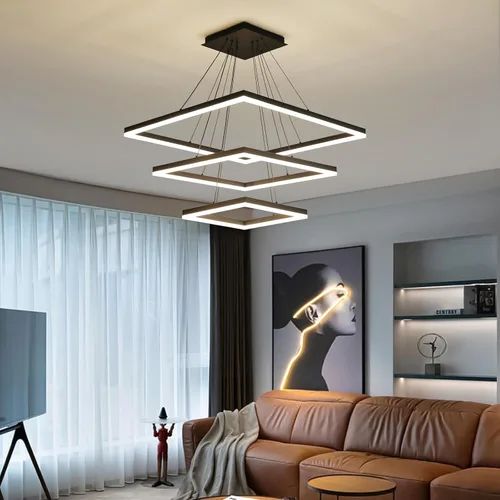 Vista 13 de Lámparas de araña modernas para sala de estar, lámpara colgante de 2 anillos rectangulares para isla de cocina, lámpara de araña LED regulable