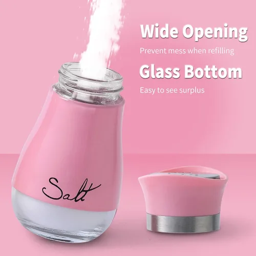 Vista 3 de Juego de salero y pimentero, acero inoxidable con botella de vidrio para mesa, RV, campamento, barbacoa, juego de 2, rosa