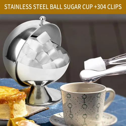 Vista 2 de EATAKWARD Azucarero con tapa enrollable de acero inoxidable esférico para dulces con pinza de azúcar de 4.3 pulgadas, clip de azúcar inoxidable