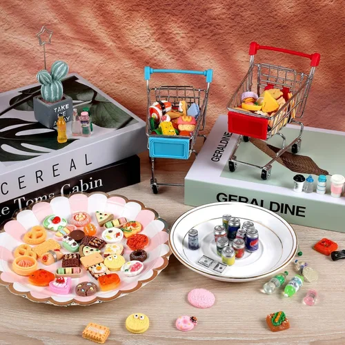 Vista 2 de 134 piezas Mini Carrito de Compras Cesta Miniatura Comida Bebida Botella Supermercado Metal Artesanía Juguetes Casa de Muñecas Tienda Cosplay Juego