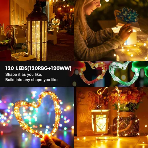 Vista 5 de Guirnalda de luces LED a pilas, 39 pies, 120 luces LED que cambian de color con control remoto, funciona con pilas, alambre de cobre impermeable