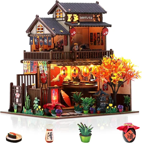 Vista 22 de Kit de casa en miniatura, kits de casa de muñecas con luces y cubierta antipolvo, kit de manualidades creativo con panadería de dos pisos y sótano