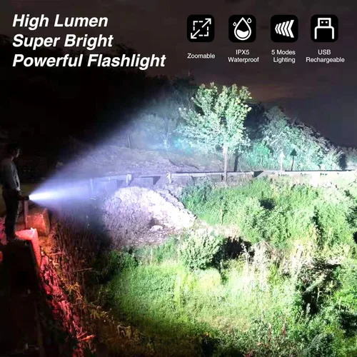 Vista 4 de Tongtai Linterna LED recargable, 10000 linternas de alto lumen más brillantes, linterna táctica P50.2 actualizada con 5 modos, zoom, linterna