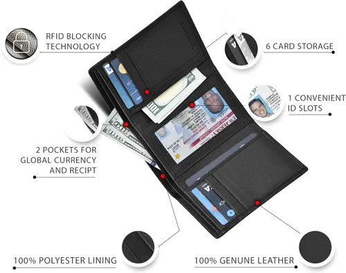 Vista 6 de Carteras de cuero de plegado tríptico para hombres, con interferencia de radiofrecuencia (RFID), bolsillo frontal y 9 ranuras para tarjetas