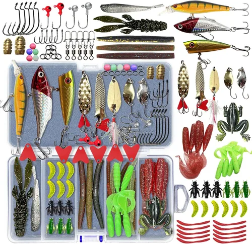 Juego de señuelos de pesca, cebo que incluye crankbaits, señuelos de agua superior, cebo giratorio, gusanos, plantillas, ganchos, caja de aparejos y
