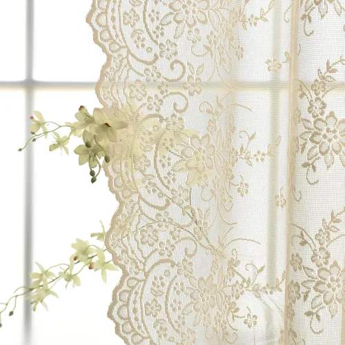 Vista 4 de Kotile - Cortinas de encaje beige de 45 pulgadas de largo para ventanas de cocina, 2 paneles, cortinas de encaje floral de vid traslúcidas