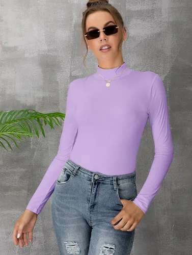 Vista 3 de UNTYHOTS Camiseta sin mangas de manga larga para mujer, cuello alto, básica, elástica, ligera, delgada