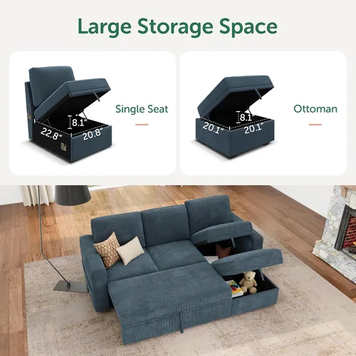 Vista 3 de HONBAY Sofá cama modular modular con cama extraíble, sofá en forma de L con almacenamiento, sofás modulares seccionales para sala de estar