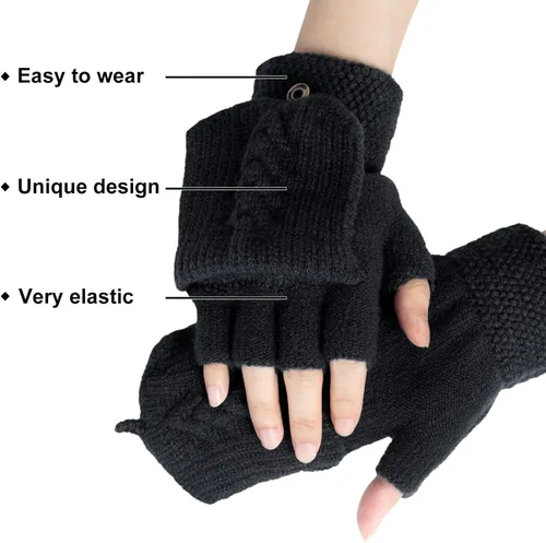 Vista 3 de YSense Wear Guantes sin dedos para mujer, guantes de punto cálidos de invierno, convertibles, cubierta con solapa (2 pares)