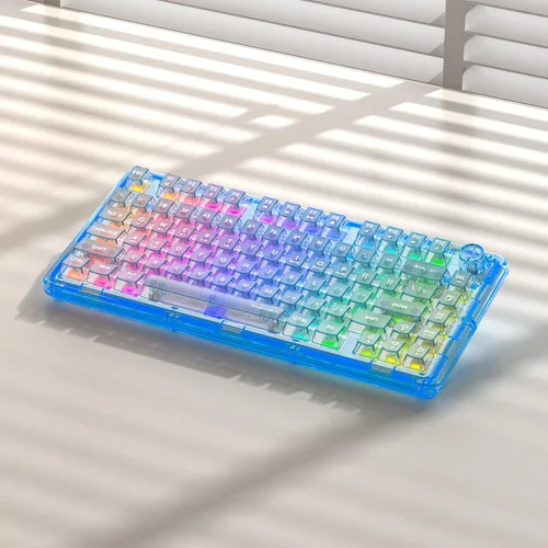 Vista 9 de Teclado mecánico transparente, teclados cremosos inalámbricos retroiluminados RGB, diseño acrílico transparente personalizable de intercambio