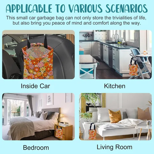 Vista 7 de Bolsa de basura para automóvil, diseño retro abstracto de flores groovy con cordón para colgar y bolsa de almacenamiento con hebilla ajustable, cubo
