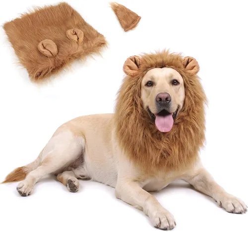Gimilife Peluca de melena de león para perros con orejas y cola para Marrón claro