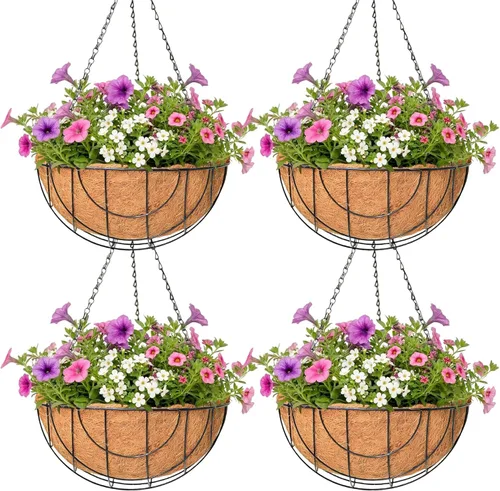 Paquete de 4 macetas colgantes para plantas al aire libre de 12 pulgadas, cesta de flores colgante de metal con forro de fibra de coco, soporte