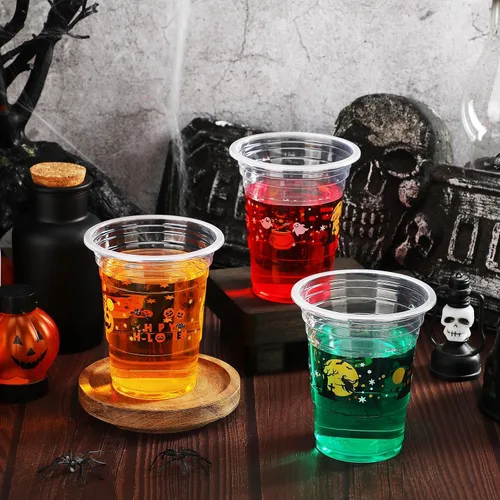Vista 4 de Eaasty Paquete de 100 vasos desechables de plástico para Halloween de 12 onzas, vasos desechables de 12 onzas de araña, calabaza, murciélago, vasos
