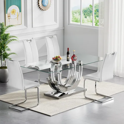 Vista 23 de Pvillez Juego de mesa de comedor de cristal dorado moderno de 70 pulgadas para 4, juego de mesa rectangular de 5 piezas con base de acero