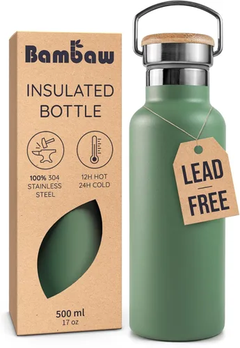 Vista 14 de Bambaw Botella de agua de acero inoxidable de 12 onzas, azul Egeo, 350 ml, de doble pared aislada, a prueba de fugas, apta para lavavajillas, sin BPA