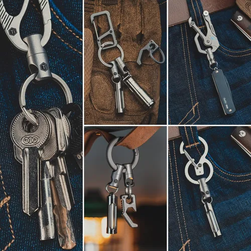 Vista 7 de KeyUnity KM08 Clip de llavero de mosquetón de titanio y KA07 Clip de llave giratoria Paquete de conector de anillo dividido, plateado