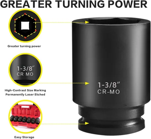Vista 4 de TONYNOL Juego de cubos de impacto profundo de 1/2 pulgada, 6 puntos, SAE (1/2 Drive 1-3/8" a 1-3/4"), 7 piezas, Cr-Mo, juego de cubos de impacto