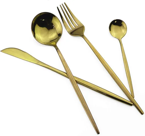 Vista 6 de Juego de cubiertos pulidos con espejo, 24 piezas de acero inoxidable 304 dorado, incluye tenedor, cucharas, cuchillo, vajilla reutilizable, juego