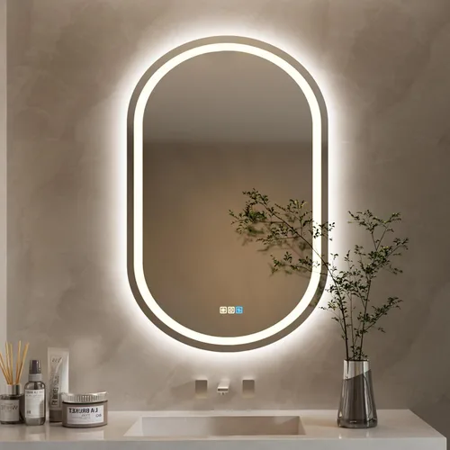 Vista 12 de Espejo LED redondo de 20 pulgadas, espejo samrt para baño, espejo de pared con luz, antiempañamiento, 3 colores regulables, frontal
