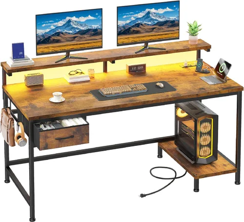 Vista 12 de DurayLoly Escritorio para juegos de 39.3 pulgadas con toma de corriente y luces LED, escritorio de computadora con soporte de monitor ajustable