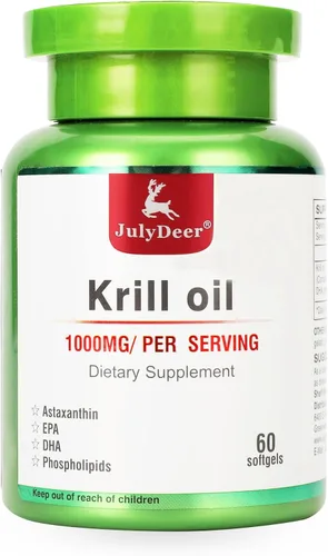 JulyDeer Aceite de krill antártico de 1000 mg con omega-3 EPA, DHA, astaxantina y fosfolípidos, 60 cápsulas blandas, sin regusto a pescado para