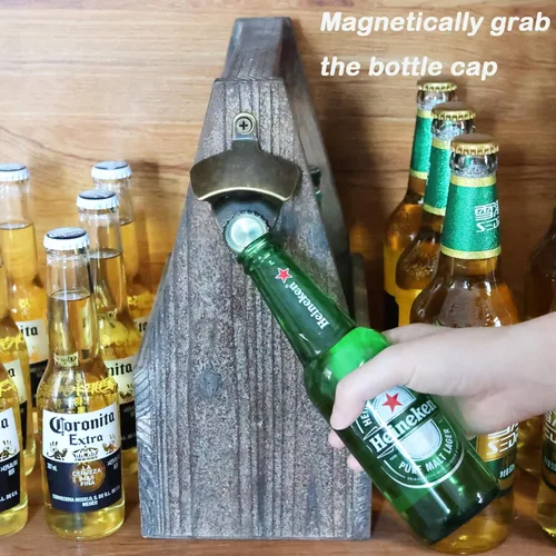 Vista 3 de Abrebotellas magnético vintage para colocar en la pared, con imanes, bronce antiguo (paquete de 2)