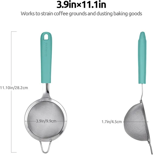Vista 2 de Colador de malla de acero inoxidable 18/8: U-Taste Colador de alimentos de malla fina de cocina de 3.9 pulgadas con mango de silicona resistente