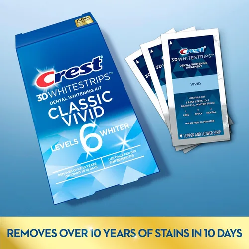 Vista 4 de Crest 3D Whitestrips, Classic Vivid, kit de tiras blanqueadoras de dientes, 20 tiras (paquete de 10 unidades) (paquete de 2)