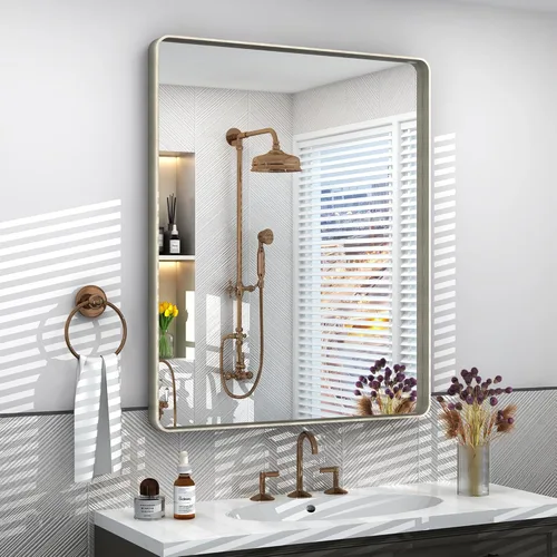 Vista 8 de Espejo rectangular para pared de baño de 20x30 pulgadas con marco negro mate, espejo de tocador con esquinas redondeadas, espejo de baño de metal
