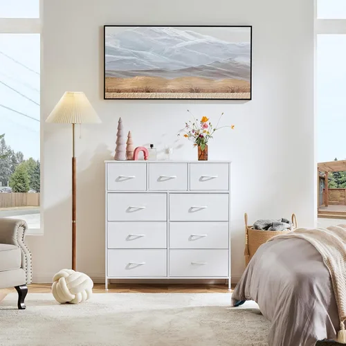 Vista 80 de OLIXIS Cómoda de 5 cajones para dormitorio, torre de almacenamiento de tela para sala de estar, entrada, marco de acero resistente, parte superior