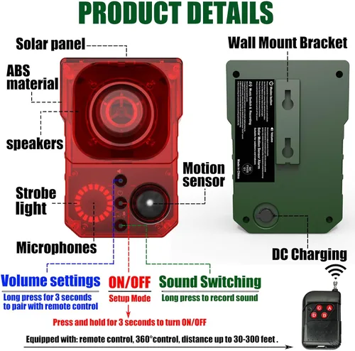 Vista 3 de Alarma solar con sensor de movimiento para exteriores - Ladridos de perros, disparos y sonidos de sirena para exteriores e interiores.