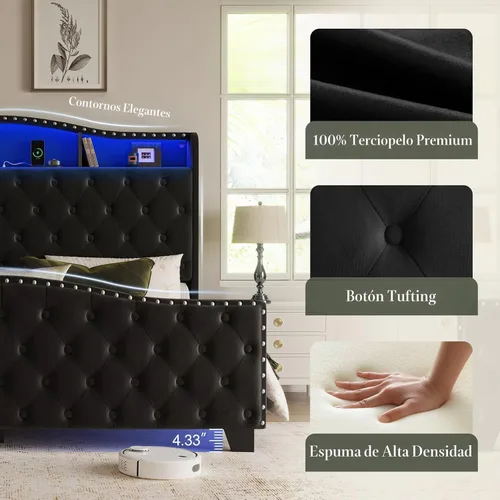 Vista 6 de Belffin Base de cama y cabecero tamaño Queen, base de cama tapizada de terciopelo de 50.9 pulgadas con luces LED y estación de almacenamiento/carga
