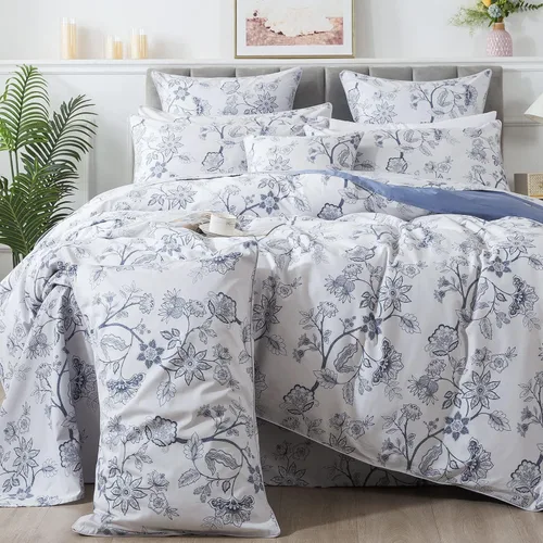 Vista 17 de FADFAY Juego de funda de edredón floral 100% algodón a rayas verdes y beige, ropa de cama de flores desgastadas con diseño de ramas botánicas