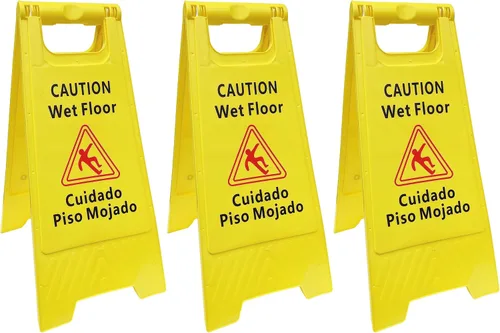 Paquete de 3 carteles de precaución para suelo húmedo, bilingües (Cuidado Piso Mojado), 2 pies de alto, doble cara, color amarillo de alta