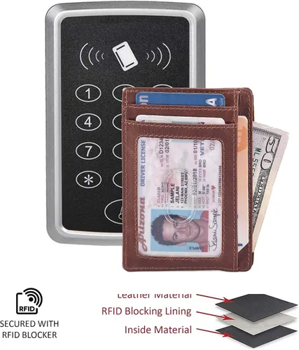 Vista 3 de Cartera minimalista delgada con bolsillo frontal RFID con bloqueo de piel real para hombres y mujeres