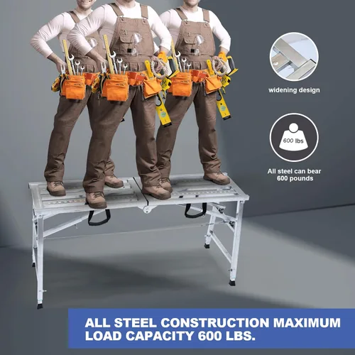 Vista 4 de Plataforma de andamio ajustable con capacidad de carga de 600 lb, escalera de acero, plataforma de trabajo plegable portátil para limpieza de RV