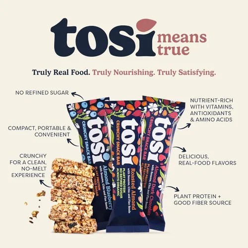 Vista 5 de Tosi Paquete variado de barras de proteína de almendra, a base de plantas con nueces, aperitivos crujientes sin gluten, veganas, orgánicas, semillas