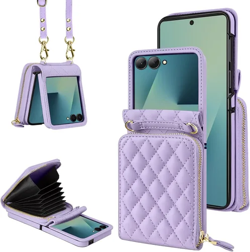 Vista 12 de Vofolen Funda para Samsung Galaxy Z Flip 5 con tarjetero, funda cruzada de 8 ranuras para tarjetas con correa ajustable, piel sintética suave