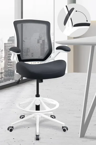 Vista 8 de Silla de redacción alta para oficina, taburetes ergonómicos de escritorio de pie para computadora, reposabrazos abatibles, altura ajustable y anillo