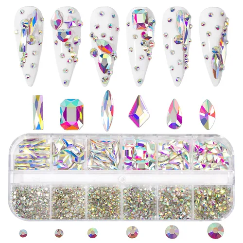 Vista 2 de Kit de diamantes de imitación para uñas, 1500 piezas de diamantes de imitación redondos con parte trasera plana, gemas de uñas AB multiformas, 0.3